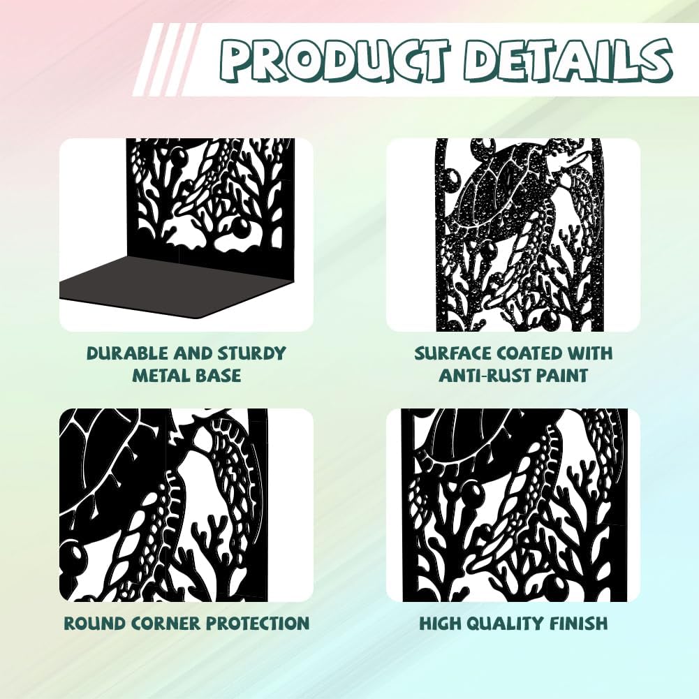 Peacoblue Metal Bookends for Shelves, Modern Decorative Heavy Duty Study Book Support Stoppers for Office, Desk, Shelf, Room 5.3"x4.3"x7.9" Cast Iron Simple Tall Bookends, 1 Pair (Sea Turtle)