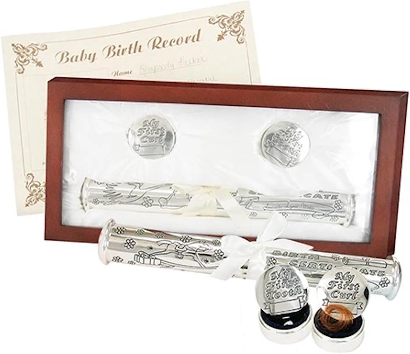 Satin-Lined Rosewood Keepsake Box with Silver Plated Birth Certificate Holder, First Tooth and First Curl Boxes
