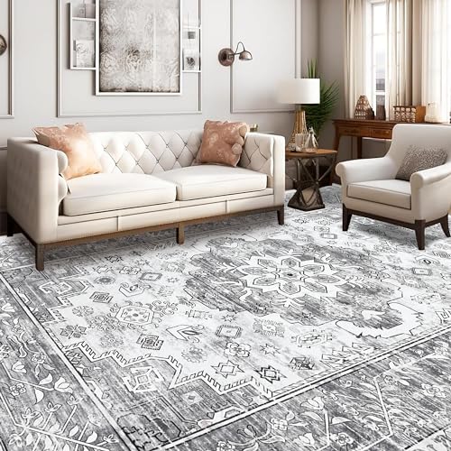 Pauwer Boho Washable Area Rug 8x10 Large Soft Living Room Bedroom Floor Carpet Mat Indoor Farmhouse Vintage Non Slip Accent Throw Rugs for Entryway Kitchen Dorm Dining Room