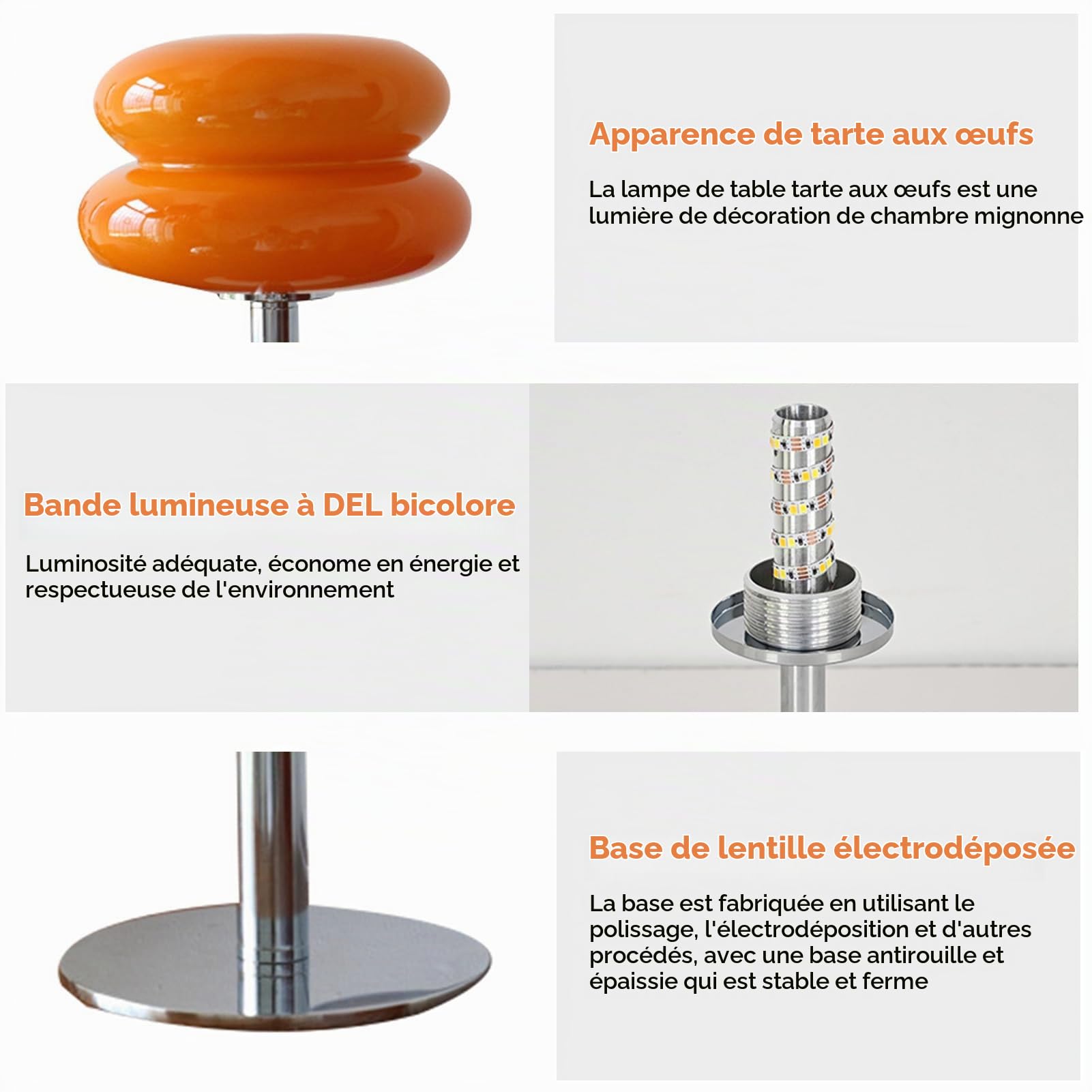 Lampe De Table En Forme De Tarte Aux Œufs, Lampe De Bureau En Verre À Tarte Économe En Énergie,Jolie Lampe De Table Usb Veilleuse Décoration De Chambre à Coucher Pour Dortoir, Salon(Orange)