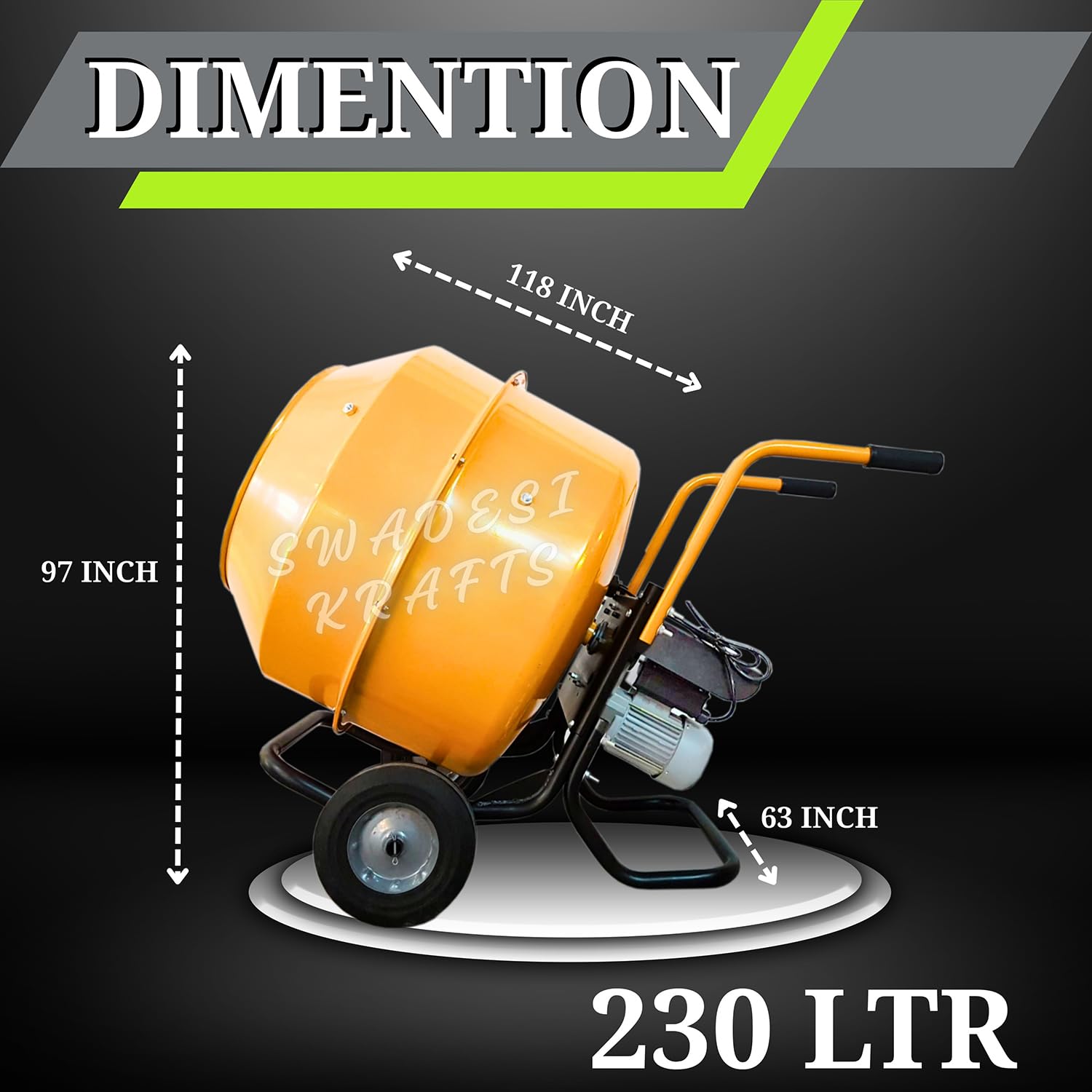 SWADESI KRAFTS Concrete Mixer Machine 0.6hp Copper Motor with Gear Box | 1/3 Bag Electric Concrete Mixture Machine 230LTR | Makes 65kg (6-7Pans) material at once