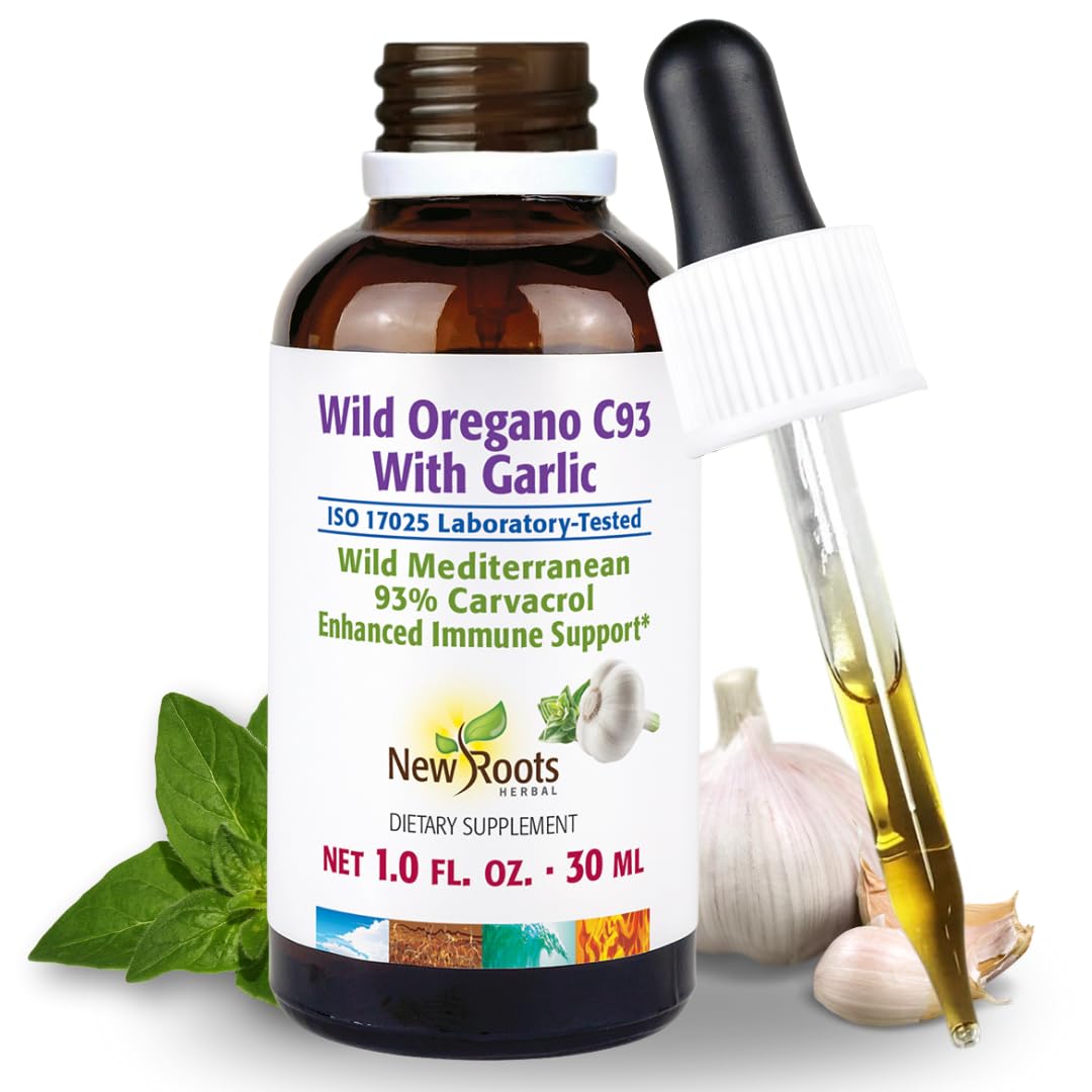 NEW ROOTS HERBAL Wild Oregano Oil Tincture with Garlic (1 fl oz) | 93% Carvacrol Oregano Oil Drops, Enhanced Immune Support Supplement l Non GMO, Vegan, GMP Certified