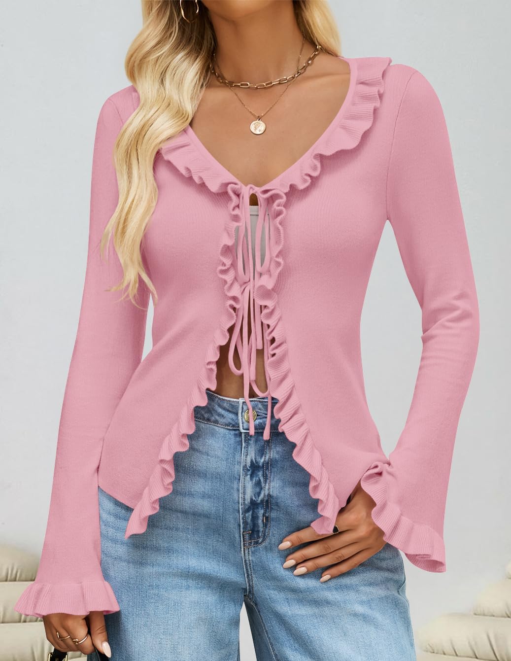 ZESICA Womens 2026 Fall Tie Front Bow Cardigan Sweaters Long Bell Sleeve V Neck Ruffled Knit Cropped Trendy Tops - Image 2