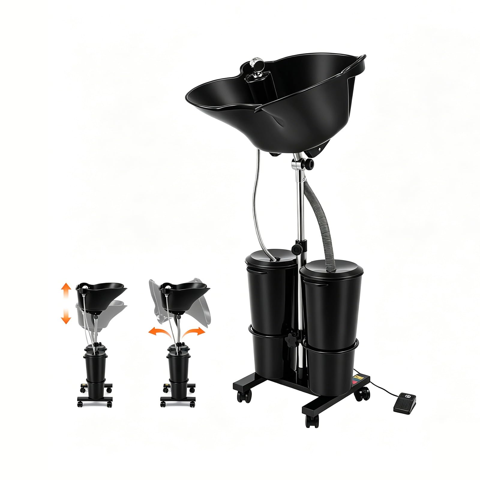 Mobiles Waschbecken Friseur, Haarwaschbecken Höhenverstellbar | 48,5×37,5×30 cm, 1,05-1,4m Verstellbar, 2x10L Eimer, Elektropumpe, 4 Rollen mit Bremse. Zweitank Salonbecken Tiefes Shampoo