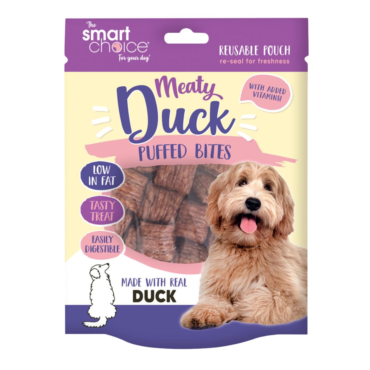 Meaty Duck Puffed Bites Dog Treats – Low Fat, Easily Digestible Training Snacks with Real Duck & Added Vitamins – Healthy Reward Treats in Resealable Freshness Pouch