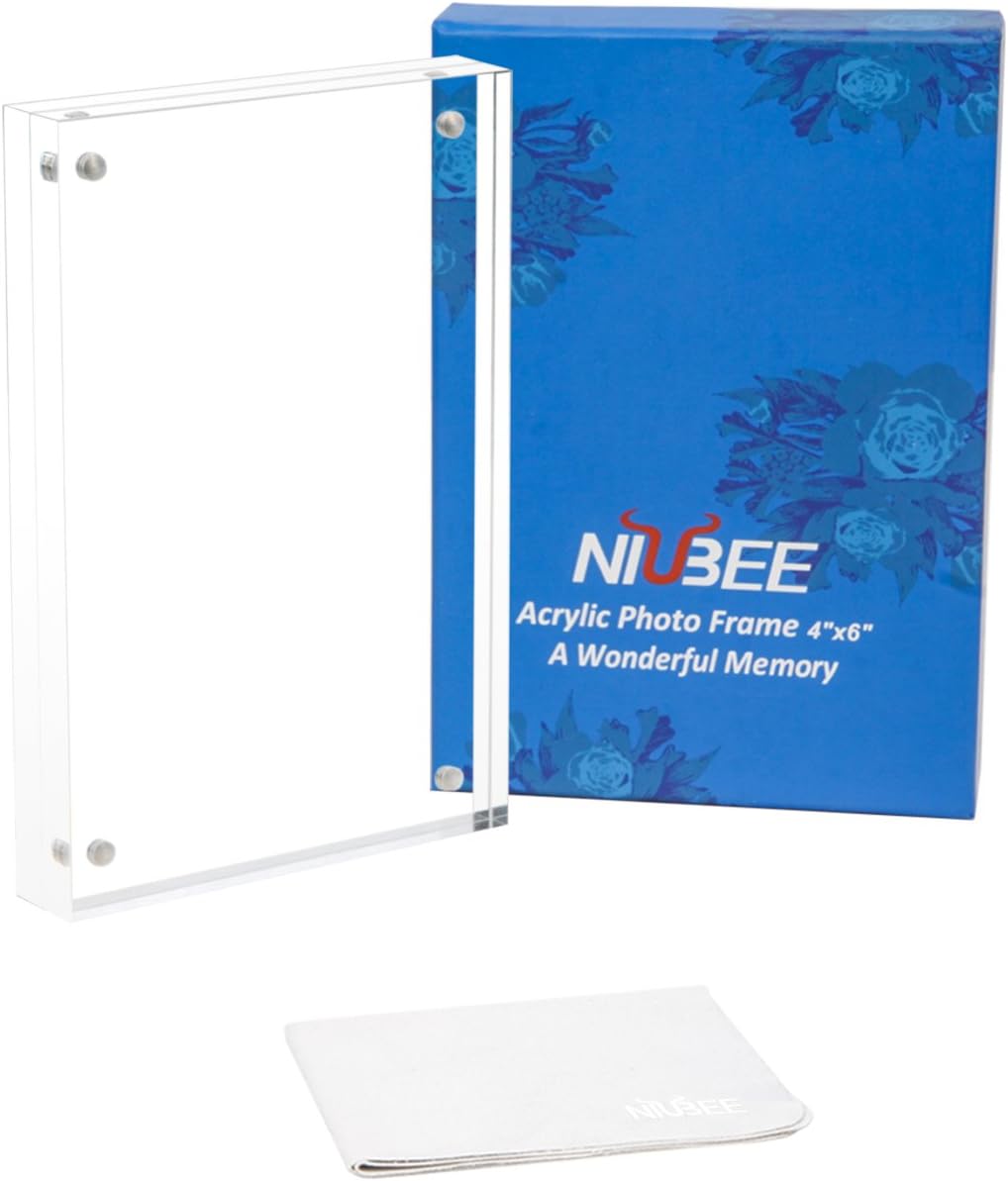 NIUBEE 5 Pack Acrylic Picture Frames 4x6 Inches, Bulk Clear Double Sided Desktop Frameless Photo Frame with Retail Gift Box Package