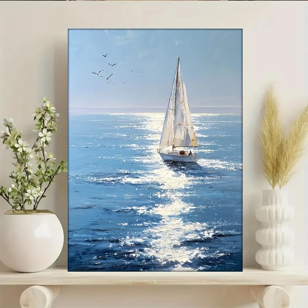 GOSRD Canvas Prints Poster Ocean Sailboat Art Minimalist Coastal Home Decor, For Living Room Bedroom Kitchen Dining Areas(50x75cm/Frameless)