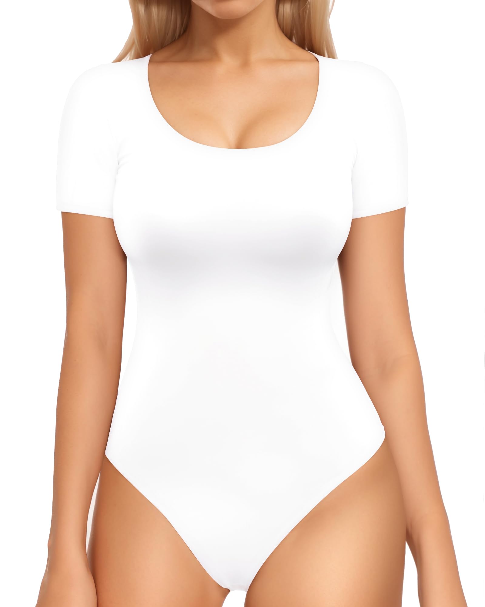 MANGOPOP Body de manga larga con doble forro para mujer, cuello redondo, tanga, corto, sin costuras
