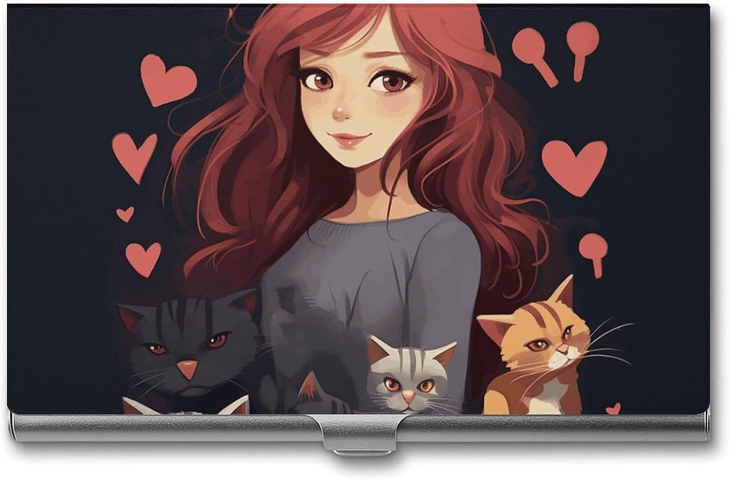 A Girl Who Loves Cats Business Card Holder, Slim Aluminum Alloy Card Case, Pocket Name Card Organizer Holder Wallet for Woman, Man, Pocket Or Bag Storage, Office Workers