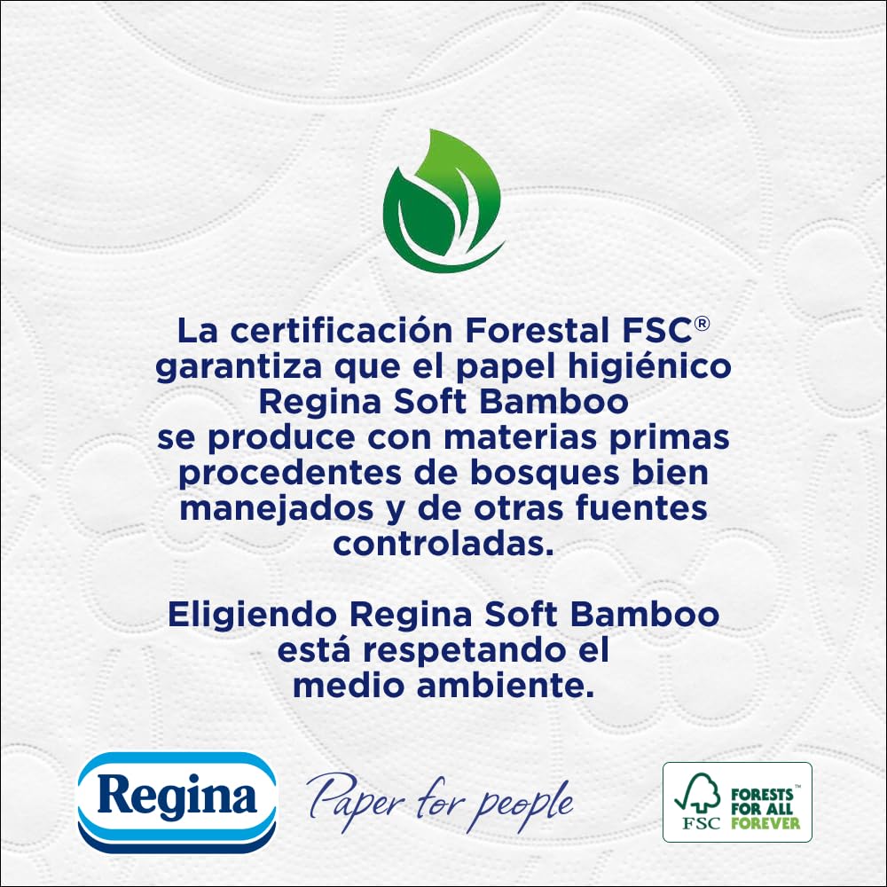 Regina Soft Bamboo - 8 Rollos de Papel Higiénico 3 Capas, 160 Hojas, Suavidad Natural para tu Piel, fabricado con Fibras de Bambú, Envase de Papel, Certificación FSC