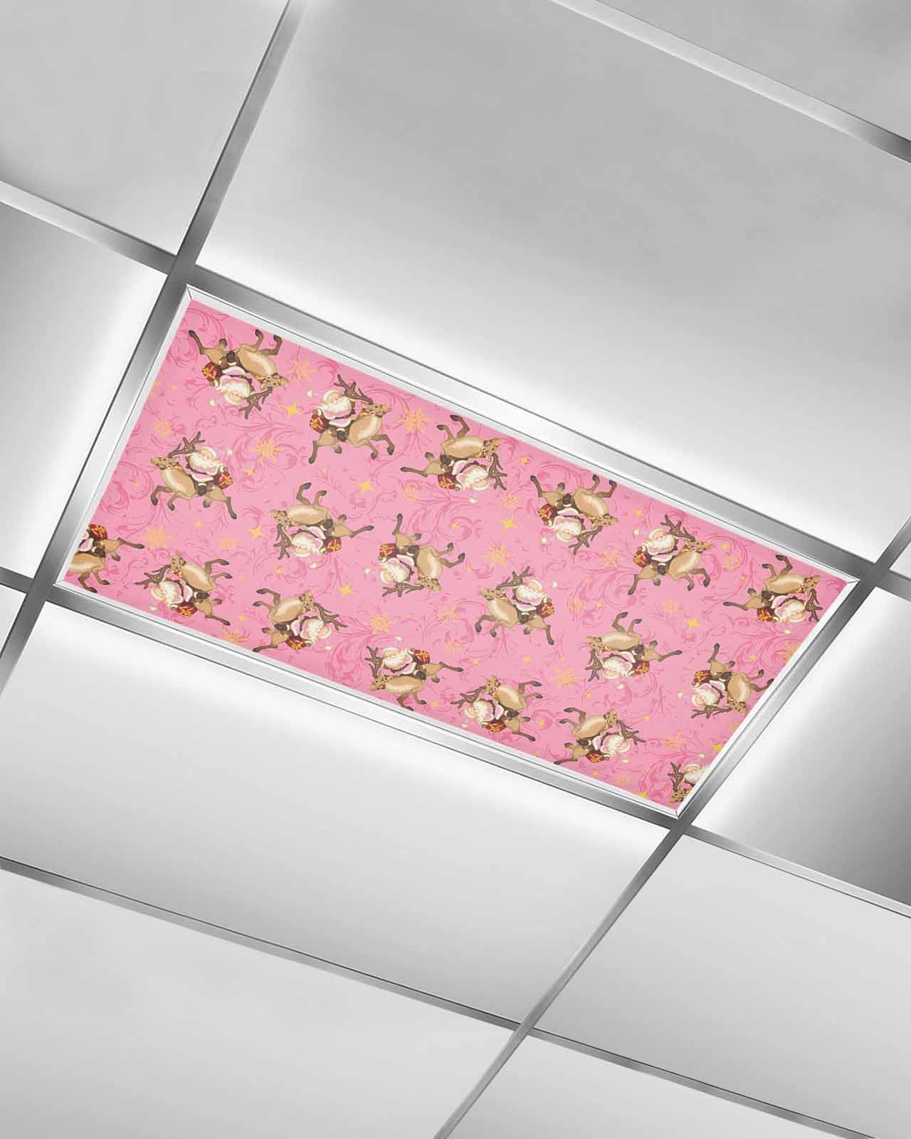 Zadaling 1 Pack Magnetic Fluorescent Light Cover, Xmas Deer Cartoon Santa Claus Pink 4 x 2 Feet Ceiling Light Filters Decorative Accessories for School Classroom Office Home Drop Lamp