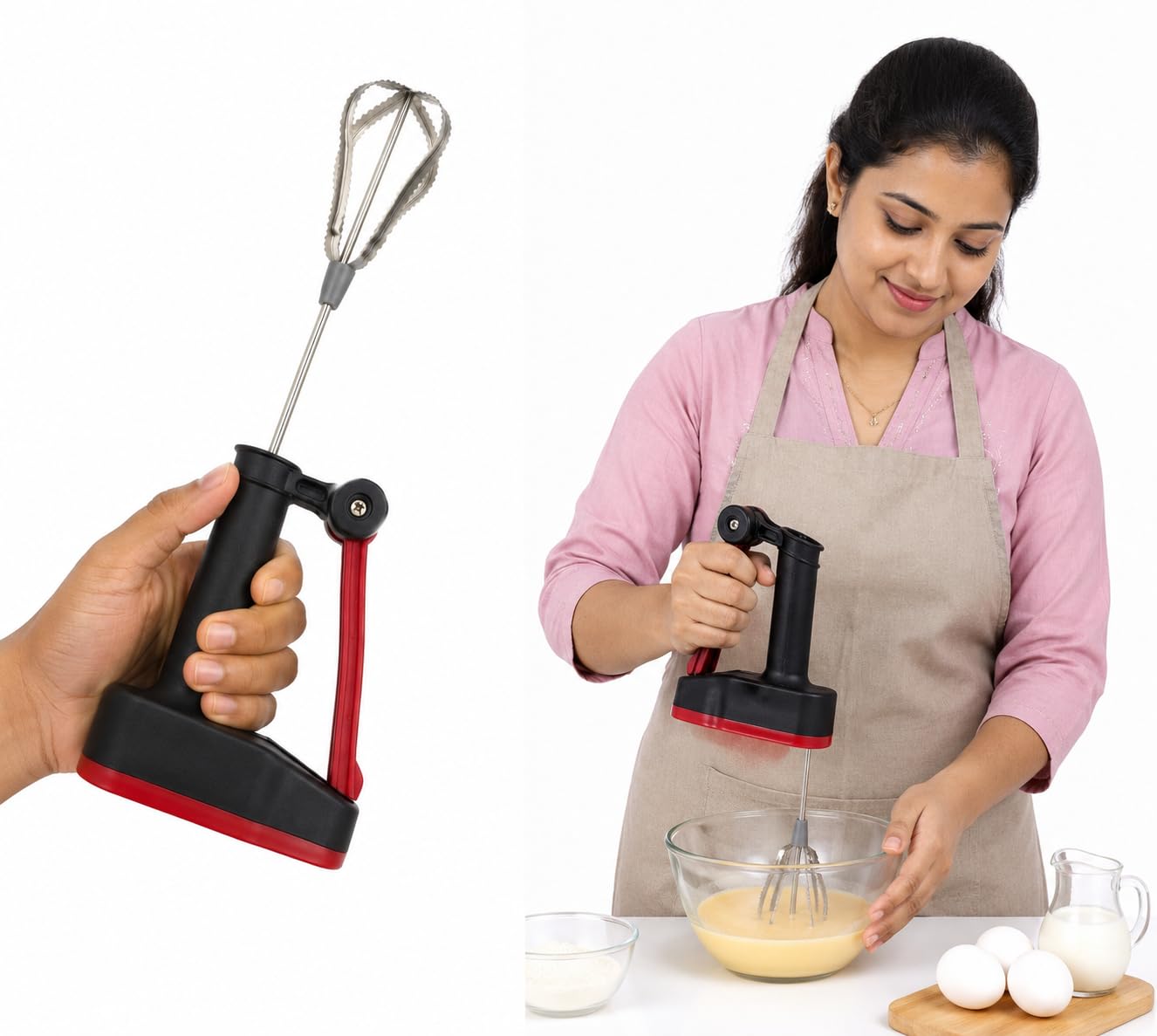 Non-Electric Handheld Rotary Manual Stainless Steel Egg Beater Hand Blender | Kitchen Hand Push Beater for Lassi & Coffee-image-49