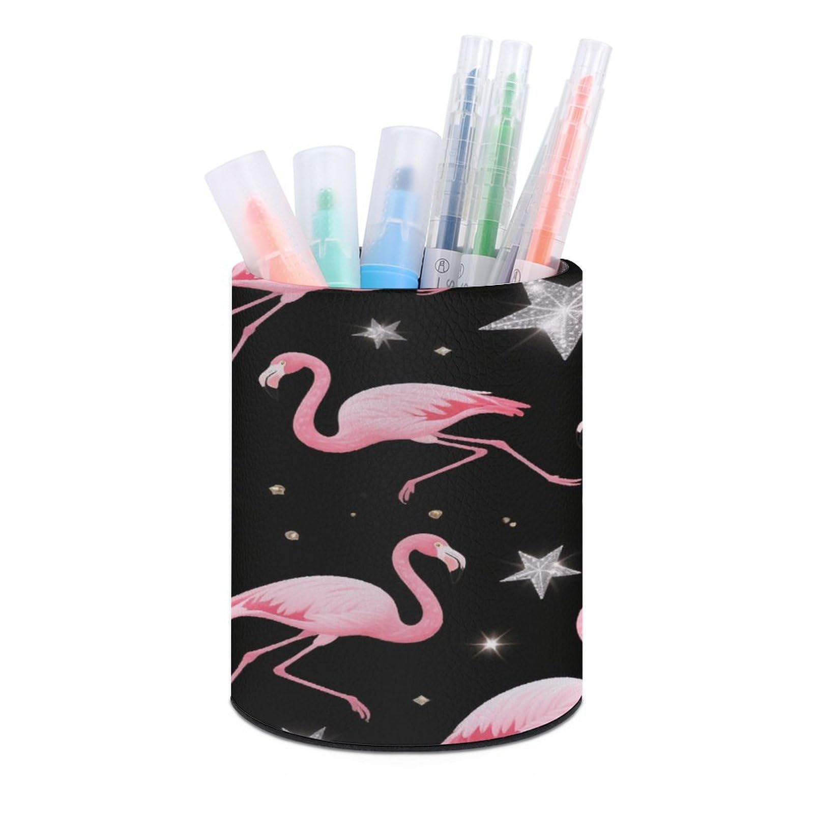 VstaDank Flamingos Pen Holder Round Pencil Holder Cup Pen Container PU Leather Desk Organizer Stand Decorative Brush Scissor Holder Decoration Office Desk Home (3.1 x 3.9 inch)