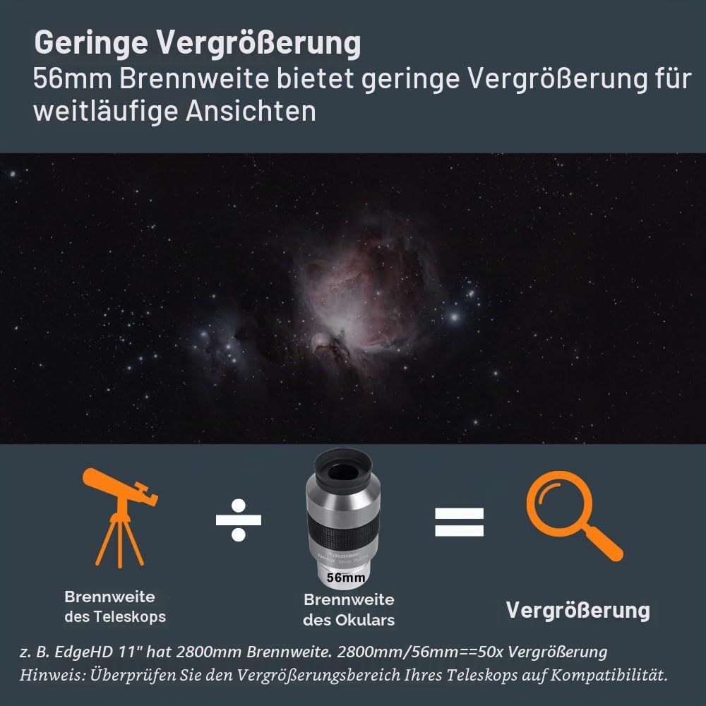 Celestron 93328 Omni 2" Eyepiece with 56 mm Ultra-Long Focal Length and Superior Light Transmission - Suitable for Viewing Deep Sky Star Clusters, Nebulae and Galaxies, Silver/Black