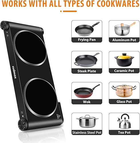 Miniatura 10 de CUSIMAX Estufa eléctrica, quemador doble de 1800 W, placas calientes eléctricas para cocinar quemador de cerámica infrarrojo, placa de cocina doble