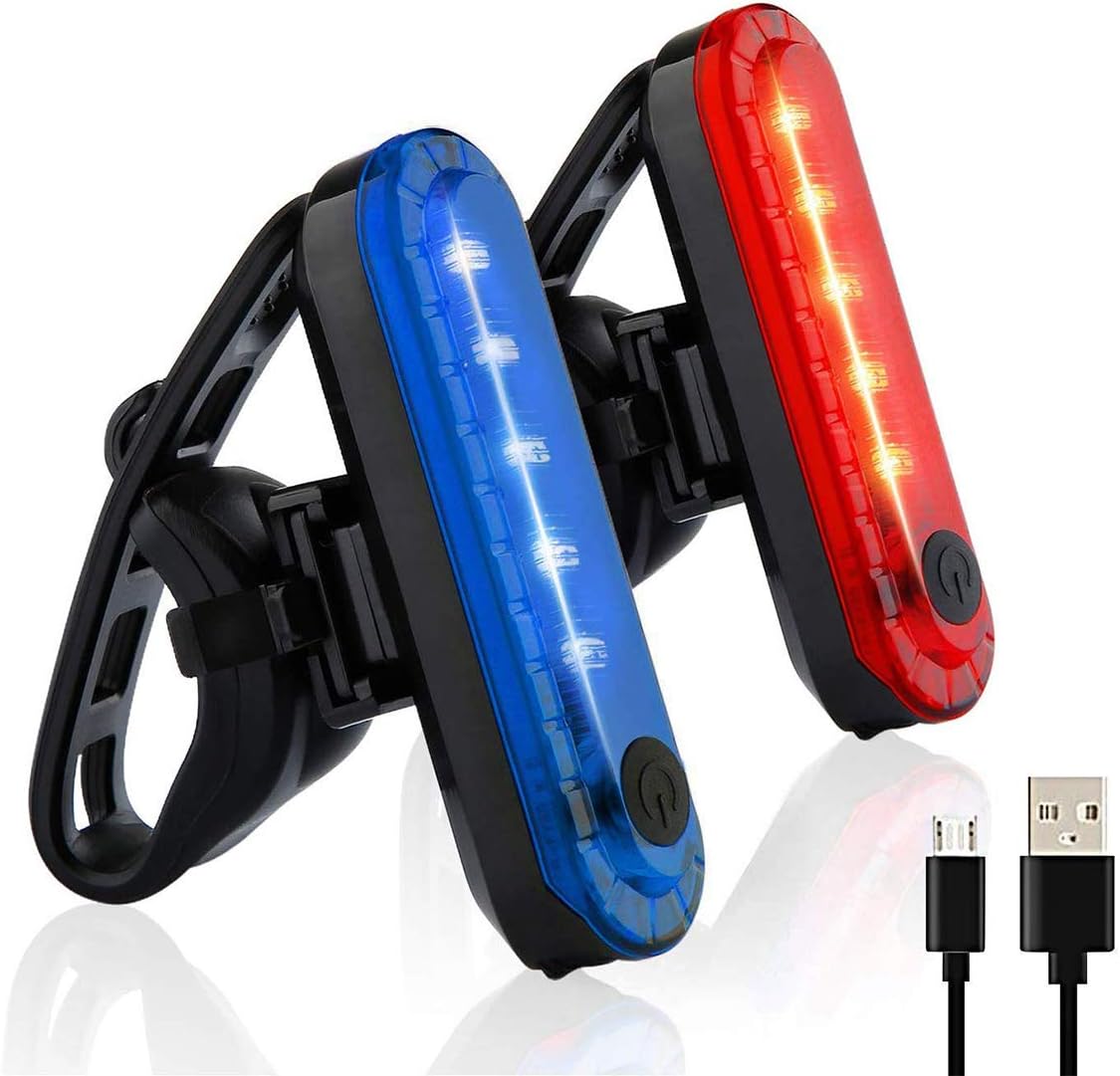Red Blue Rear Bike Tail Light 2 Pack, Ultra Bright USB Rechargeable Volcano Bicycle Taillights, Red High Intensity Led Accessories Fits On Any Road Bikes, Helmets. (Red-1pc, Blue-1 pc)