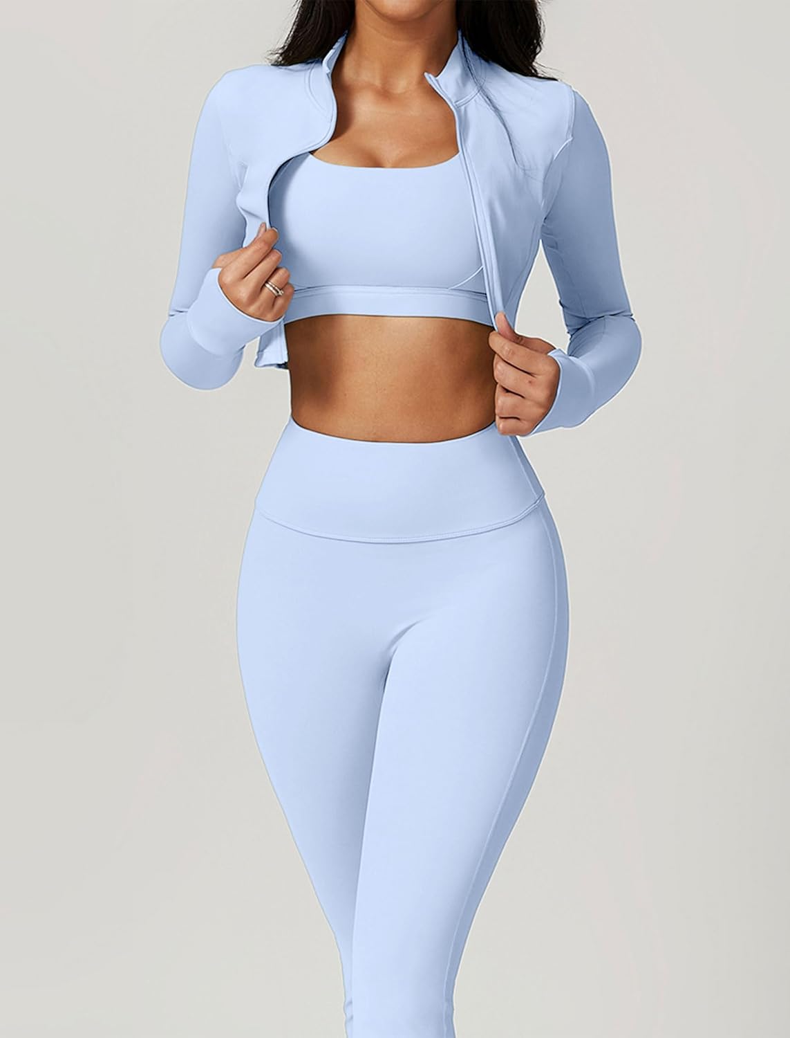 Workout Sets for Women 3 Piece High Waisted Seamless Leggings Crop Top Jacket Gym Yoga Outfit Stretchy Sports Bra Sets - Image 3