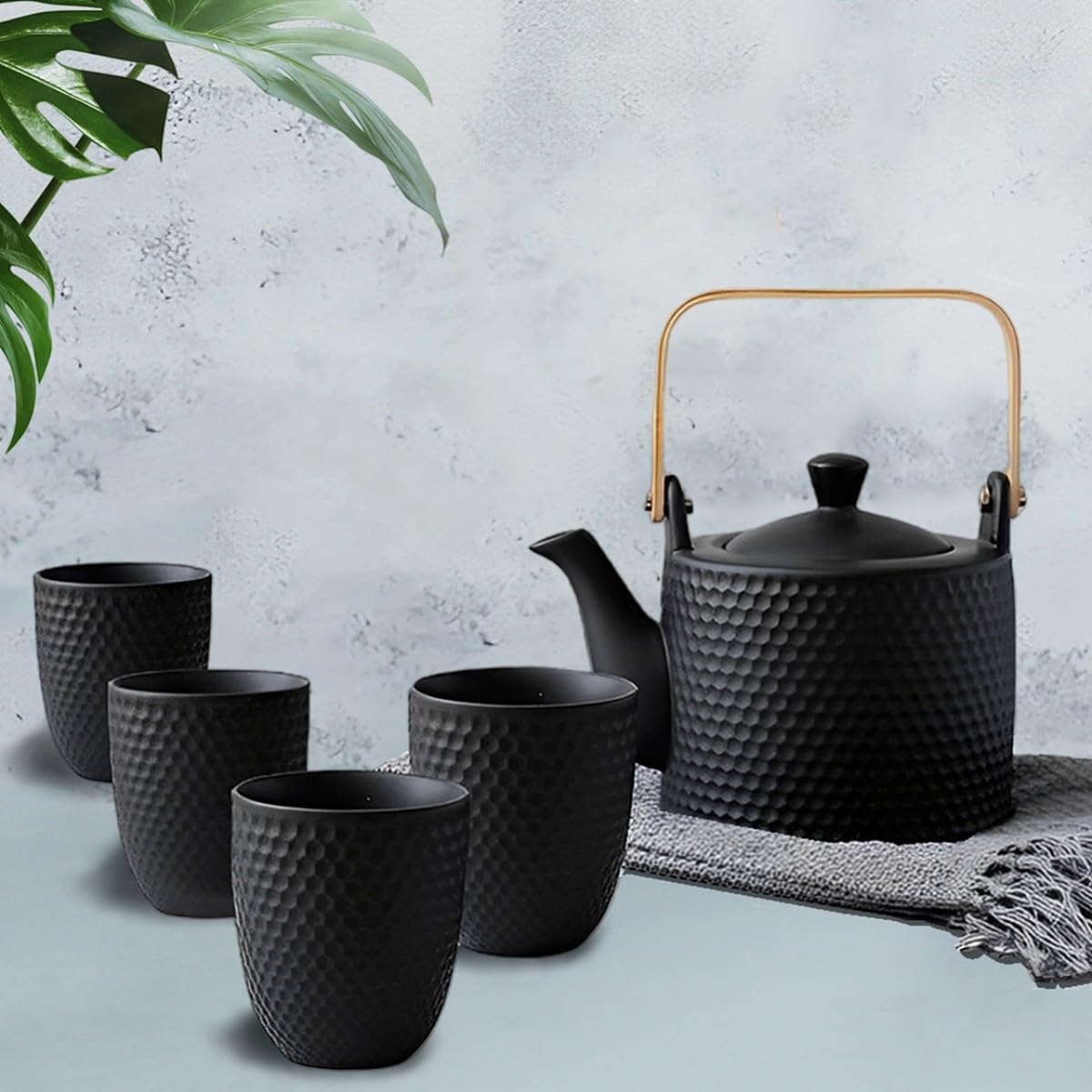 Service à Thé Japonais en Céramique Noire | Set de thé chinois en porcelaine vintage, set de théière avec 1 théière 900ml, 4 Tasses, 1 infuseur, pour amateurs de thé