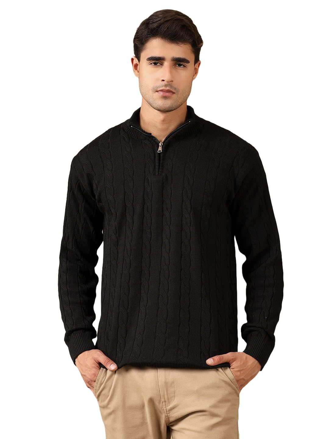 kvetoo Men's Wool High Neck Zipper Sweater, Full Sleeve Cable Knit Quarter Zip Winter Pullover-picture-50