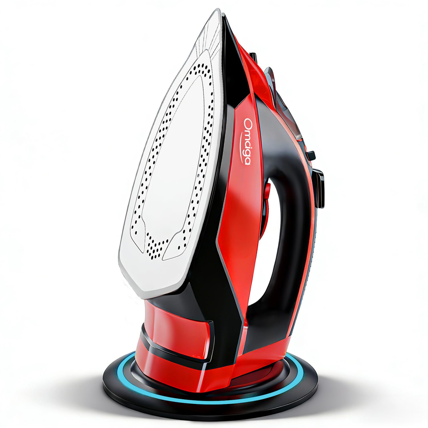 OMAIGA Cordless Iron for Clothes - 1500W Steam Iron with Non-Stick Ceramic Soleplate, Rapid Heating, Auto Shut Off, Burst of Steam, Self-Clean, Anti-Drip, Anti-Calc, 3 Temperature Settings, Red