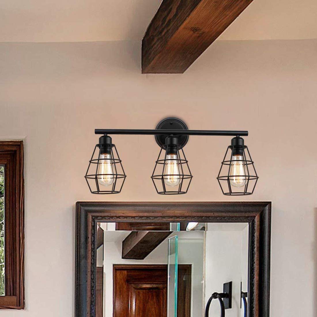 MOCHAMIK Vintage Industrial Black Finish Vanity 3 Oprawa oświetleniowa z metalowym drucianym kloszem E27 Uchwyt lampy Kinkiet ścienny Oświetlenie do pokoju proszkowego Garderoba Przedpokój do sypialni