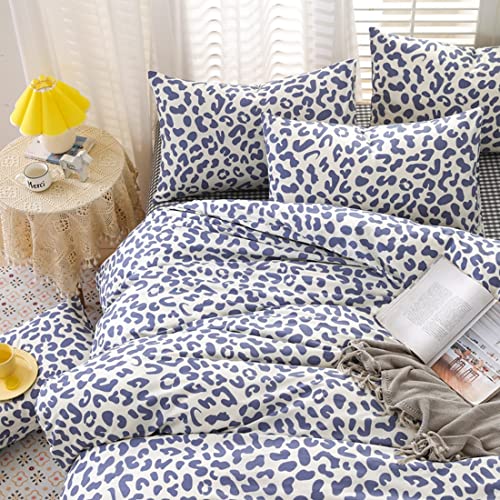 Blueblue Leopard Duvet Cover Set Queen 100% Cotton Bedding For Kids Boys Girls Teens Cartoon Blue Cheetah Print On White 1 Safari Comforter Cover Full With Zipper Ties 2 Pillowcases, Queen #TOP3