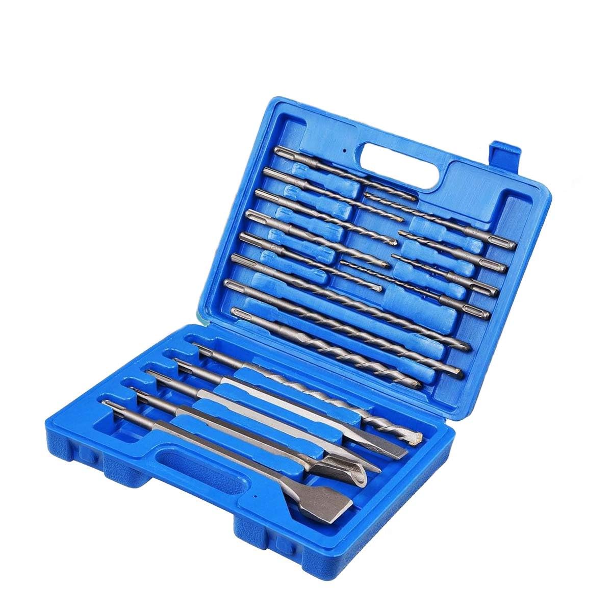 Juego de 17 brocas SDS, juego de brocas de martillo mixto y cincel con estuche de almacenamiento, accesorios de taladro de martillo giratorio para hormigón, azulejos, ladrillo, cemento (azul)