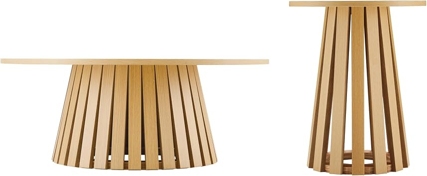 Manhattan Comfort Layla 2 Piece Coffee and End Table Set, Round Wood Grain Tops with Slatted Conical Bases, Elegant and Modern Living Room Furniture Pair, Natural Oak