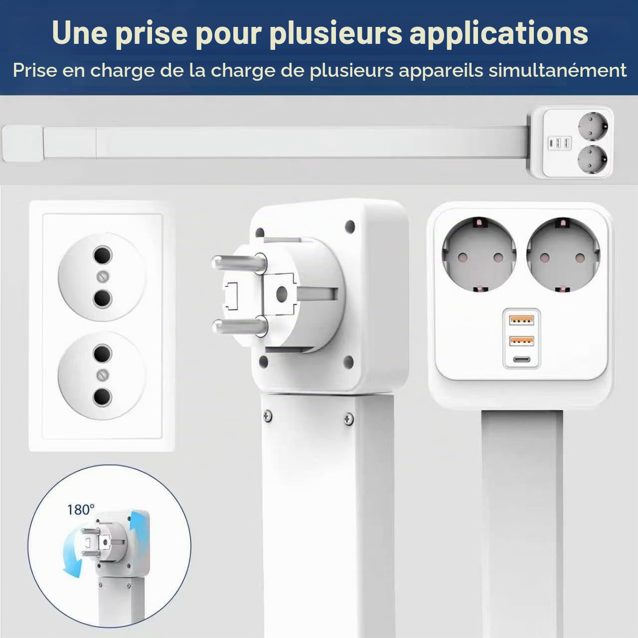 Multiprise Murale Extensible 56-86 cm, Adaptateur Prise 5 en 1 avec USB-C & 2 Prises AC, Tête Rotative 180°, Rallonge Prise Murale Plate pour Canapé, Lit, Bureau - Blanc