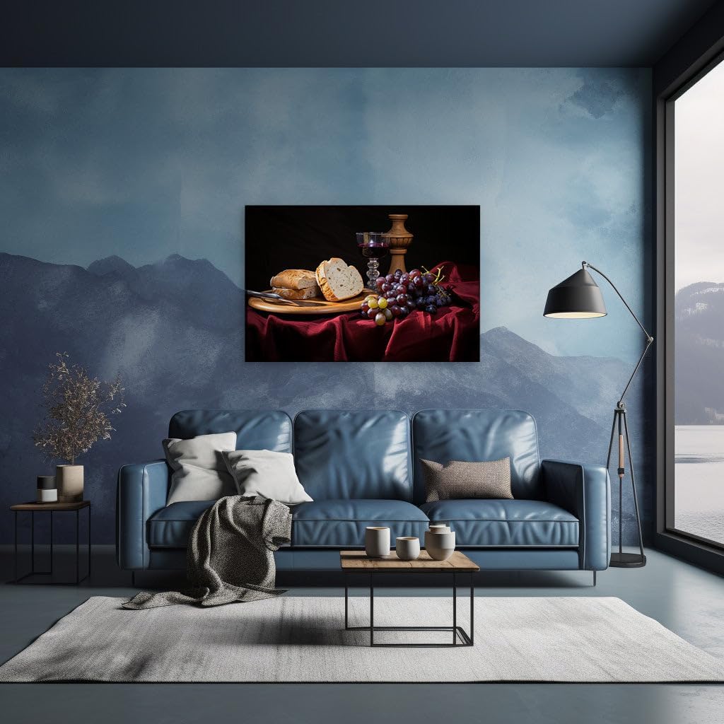 Canvas for Living room. Simplicity and Serenity in Still Life � Bread, Grapes, and Red Wine Evoke a Sense of Calm, 27 x 18 inch Canvas Wall Art - Contemporary Masterpieces - Modern Home Decor
