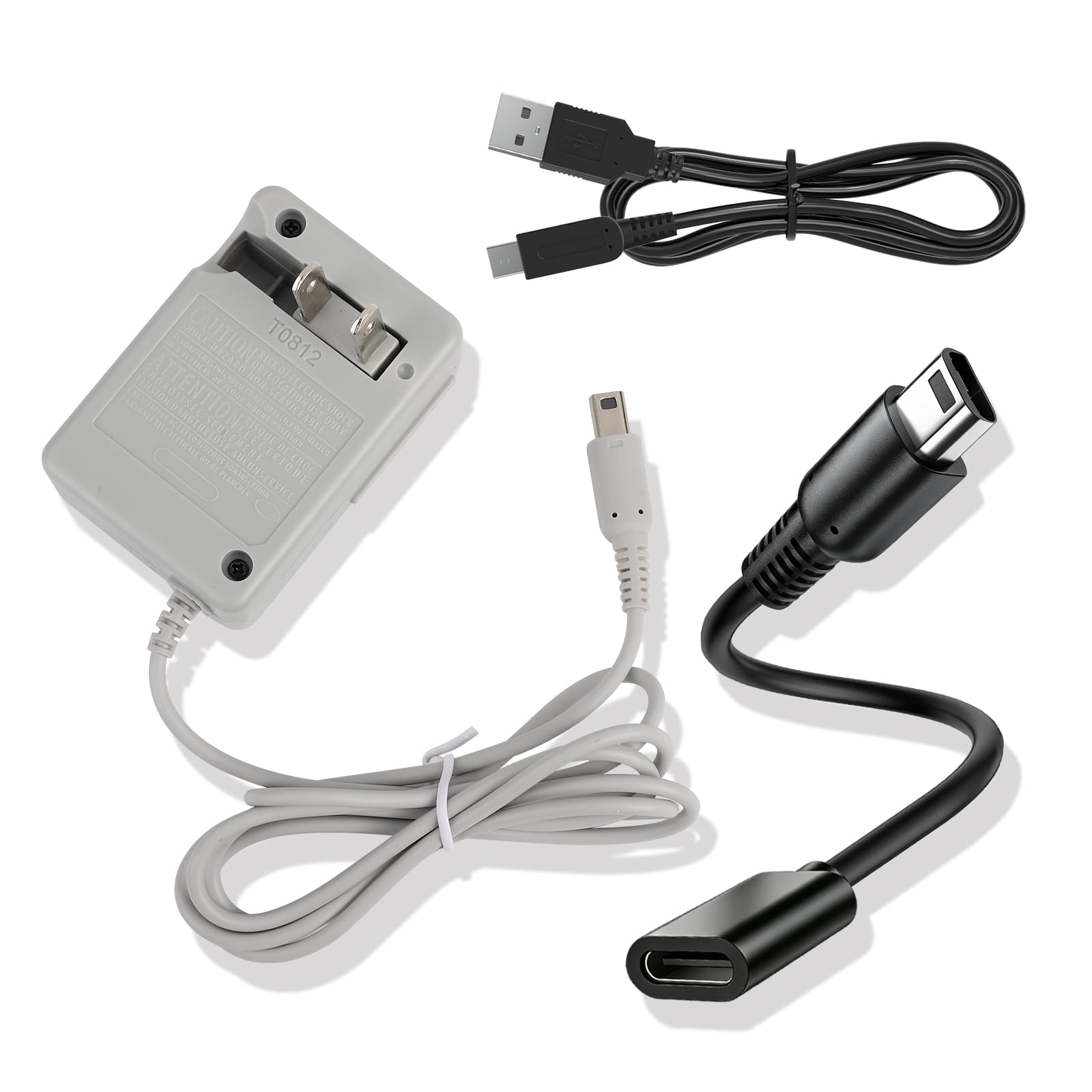 3DS Charger Set, USB-A &amp; USB-C to 3DS/2DS/DSi Series Charging Cable Compatible with Nintendo 3DS/ DSi/DSi XL/ 2DS/ 2DS XL/New 3DS 100-240V Wall Plug Adapter