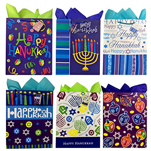 Set of Hanukkah Gift Bags and Tissue Paper (6 Bags + Tissue, Blue Dreidel)