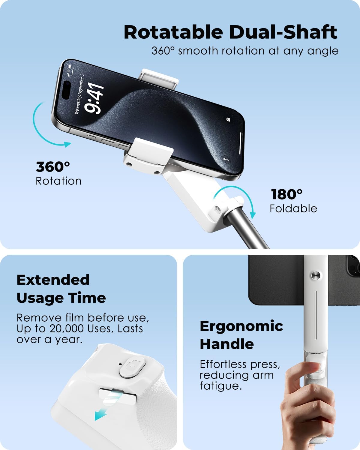 Close-up of the Viozon Portable Selfie Stick's phone holder showing 360-degree rotation and 180-degree foldability, along with details on extended usage time and ergonomic handle.