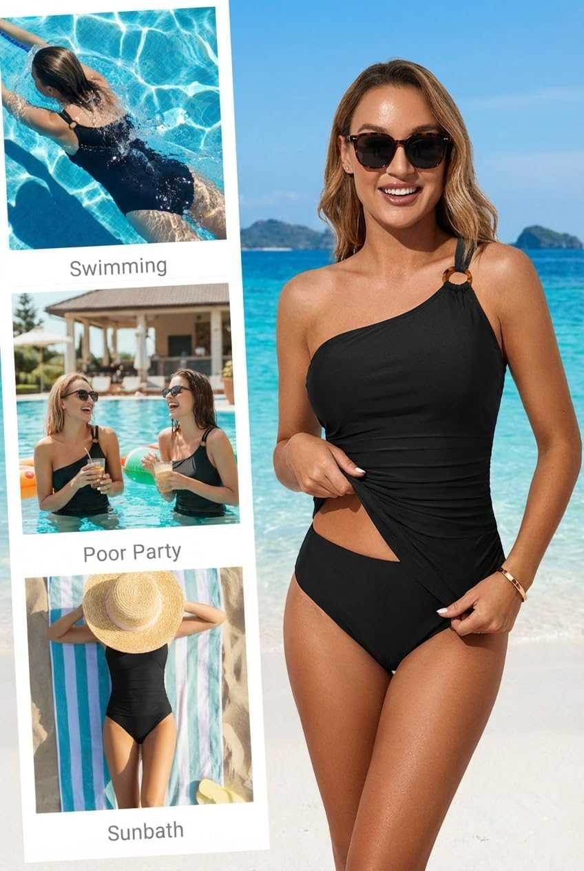 Tempt Me Two Piece Tankini Set Swimsuits for Women Tummy Control Bathing Suit One Shoulder Swimwear with Bikini Bottoms - Image 5