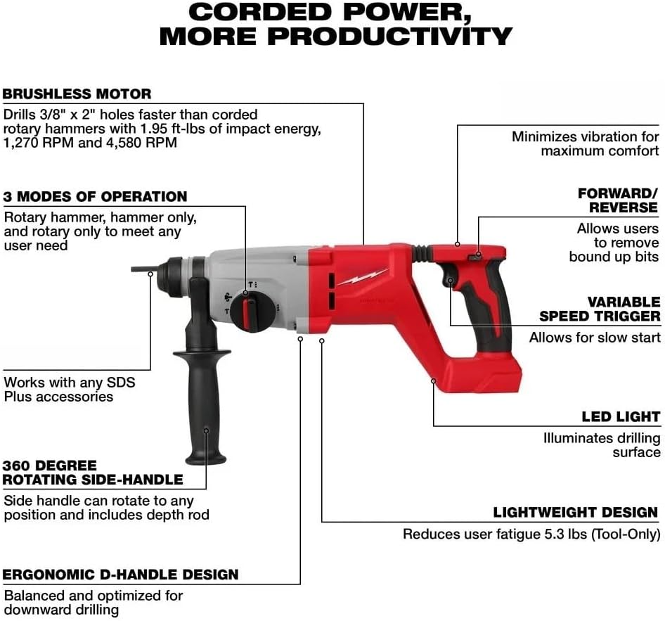 2613-20 Power Rotary Hammers Fits Milwaukee M18 1" Brushless D-Handle Rotary Hammer Red - Tool Only