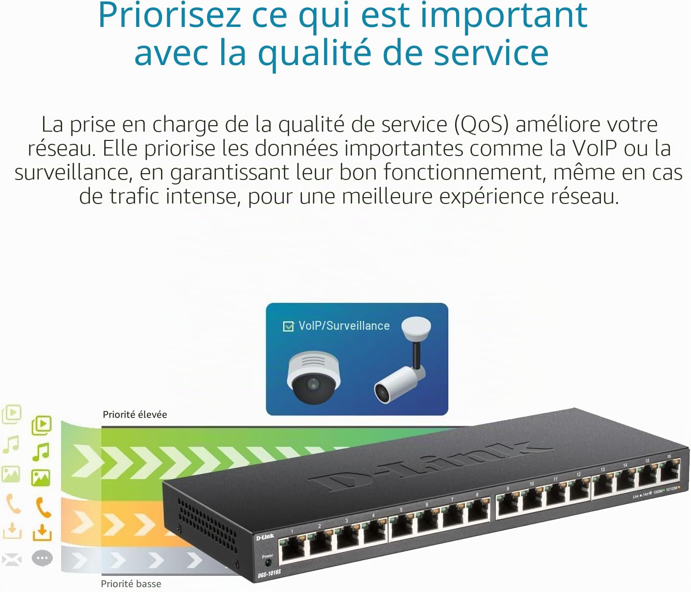 D-Link DGS-1016S Commutateur Gigabit Non géré à 16 Ports, sans Ventilateur, Profil Bas, boîtier en métal, Montage Mural/de Bureau, Plug-and-Play, QoS 802.1p, 802.3az EEE Noir DGS-1016S