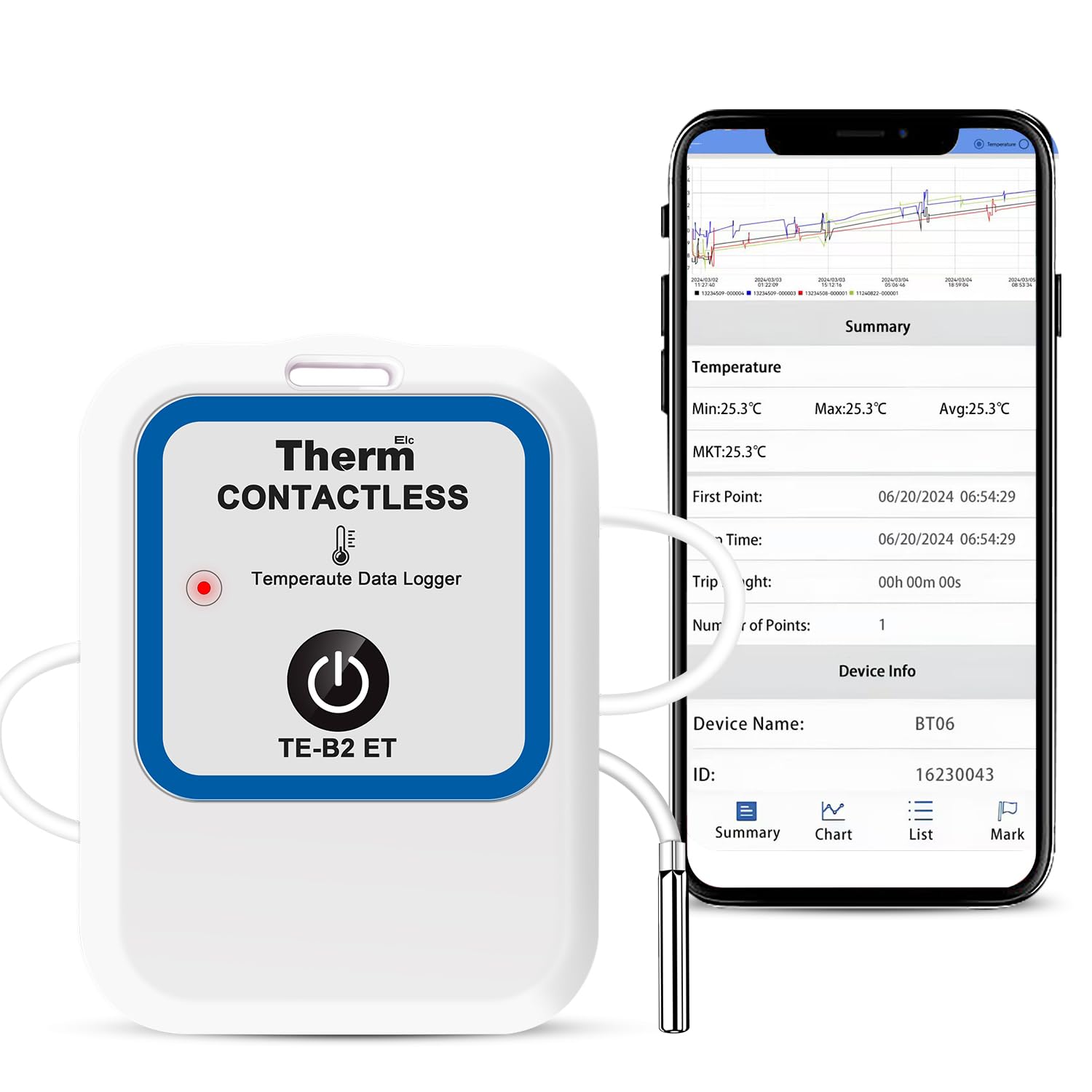 ThermElc TE-B2 ET Bluetooth Temperatur Datenlogger mit externer Sonde, EN12830-konform, PDF/CSV-Bericht, MKT-Berechnung, wiederverwendbarer für klinische Studien in Laboren,Kühl Gefrierschränken