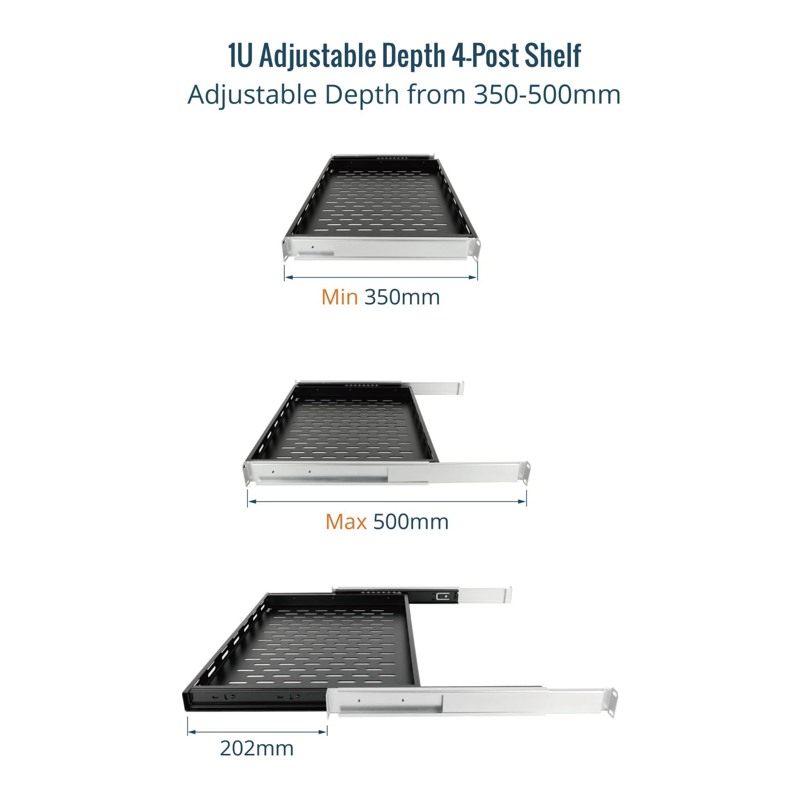 Tecmojo 1HE Schieberegal, 19 Zoll 350mm mit ausziehbarem Fachboden, Zum Festeinbau, Variabele Tiefe 350–500mm, mit Antirutschstopper, Traglast 50 kg für 19-Zoll-AV-/Netzwerkschränke
