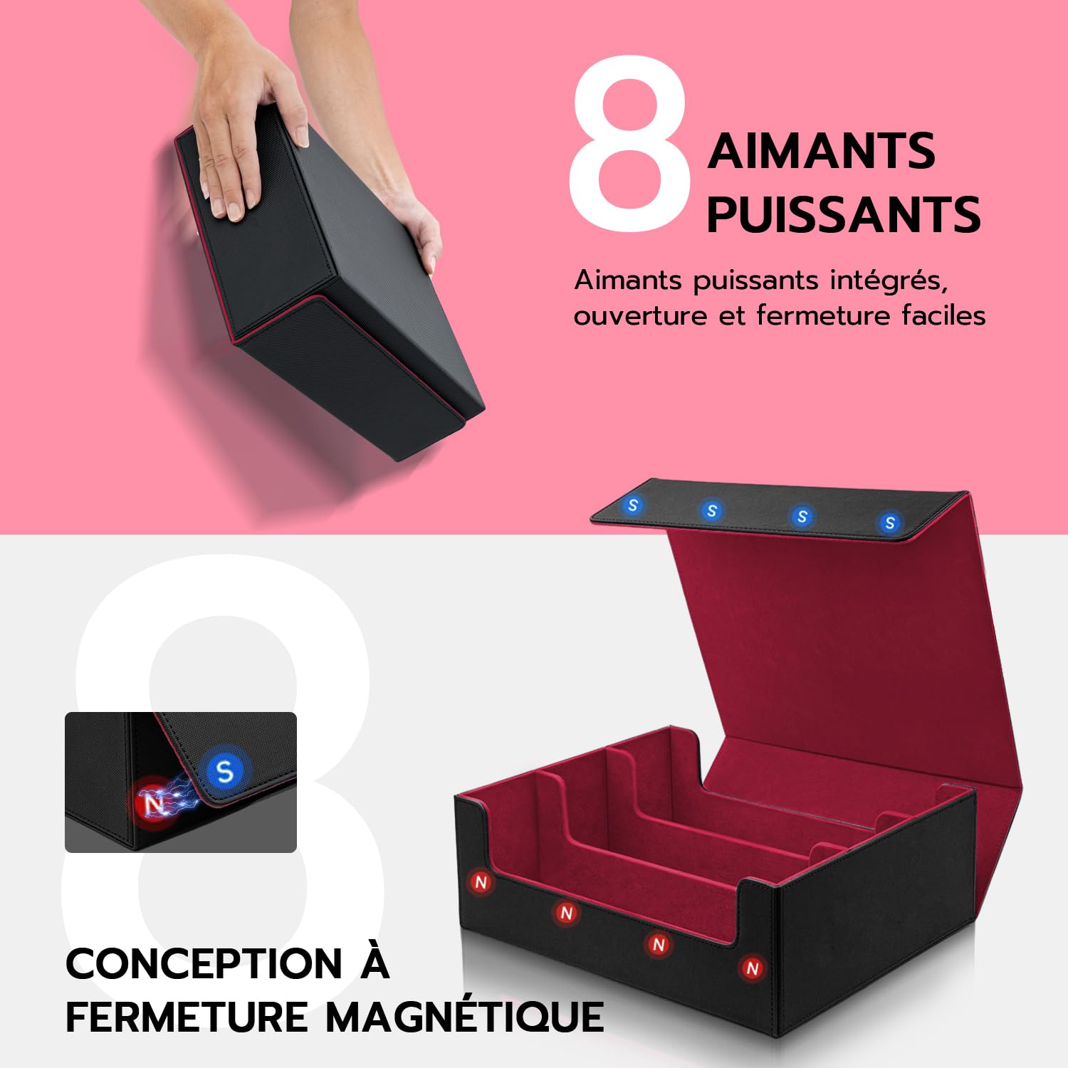 Boîte de Rangement Cartes pour MTG TCG, Capacité 1800+ Cartes avec 8 Séparateurs, Boîtier Magnétique en Cuir PU pour Magic The Gathering (MTG), Yu-Gi-Oh - Noir & Rouge - 4