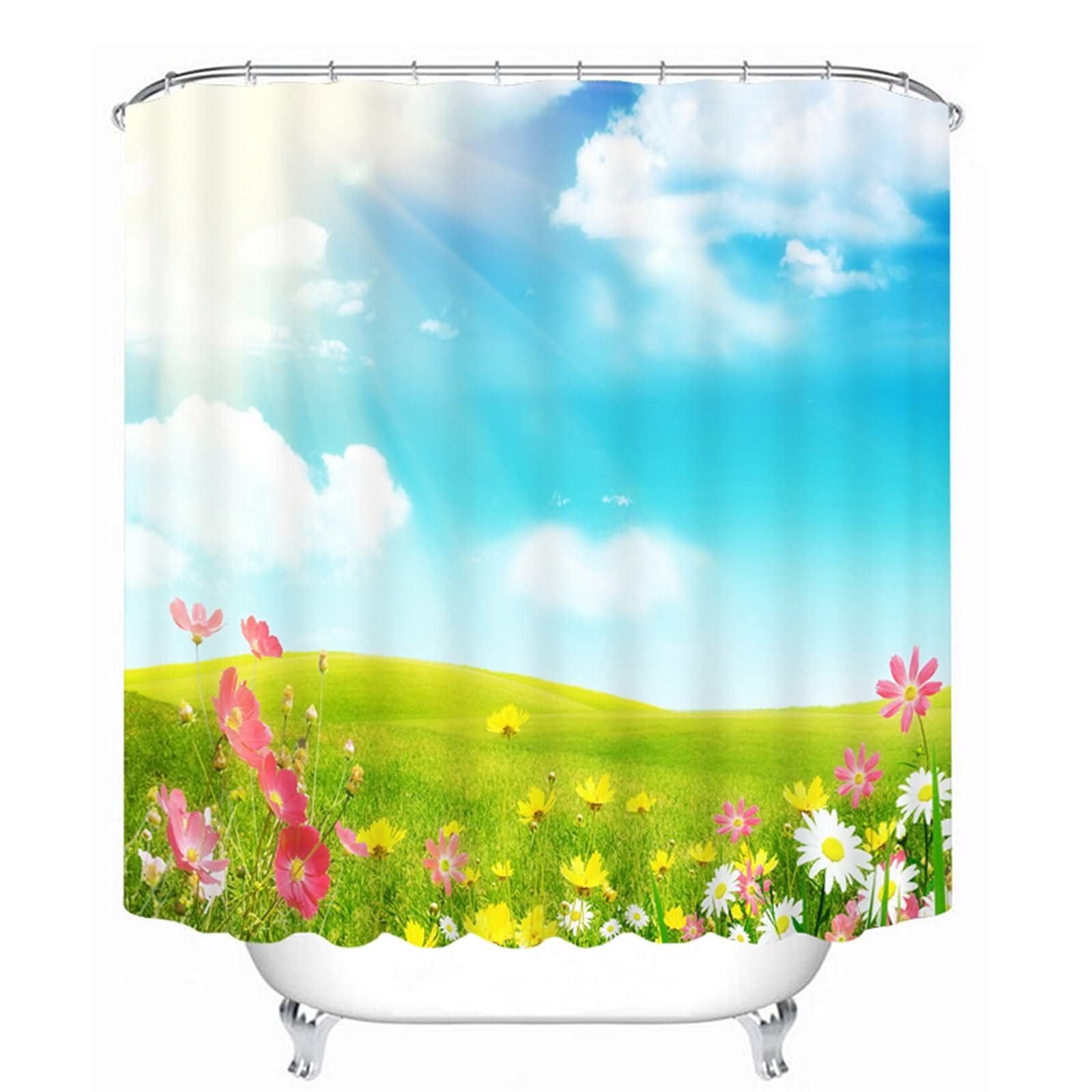 Rideau de douche japonais 200x180cm prairie ciel bleu vert KnSam