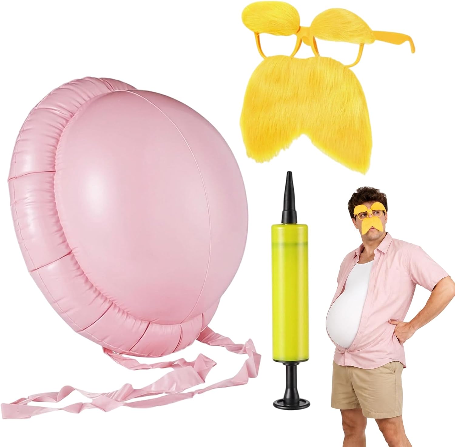 3PCS Halloween Costume, Yellow Mustache and Eyebrows with Inflatable Belly for Halloween, Carnival and Theme Cosplay Party