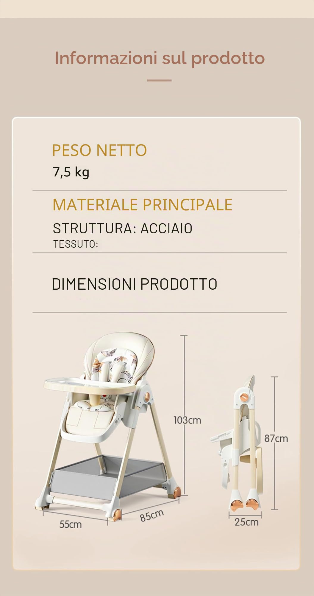Nine point nine Pelle PU Seggiolone Pappa, Convertibile Pieghevole Seggiolones Pappa 0 36 Mesi con 6 Altezze e 3 Posizioni Reclinazione, Seggiolone Neonato con Doppi Vassoi e Ruote (808 Khaki)