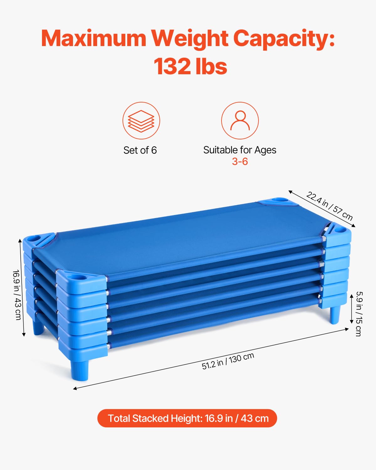 VEVOR Lit de Sieste empilable pour Enfant, 6 pcs, lit de Couchage Portable pour Tout-Petits, 130 x 57 cm, lit de garderie pour Enfants, pour Salle de Classe préscolaire, pour Dormir, se Reposer, Bleu