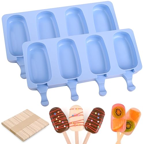 WMKGG Popsicle Silicone Molds Set, 2 PCS Ice Cream Molds with 50 Wooden Sticks for Cake Pop, Ice Pop, Cakesicles (Standard Size/Blue) - Blue