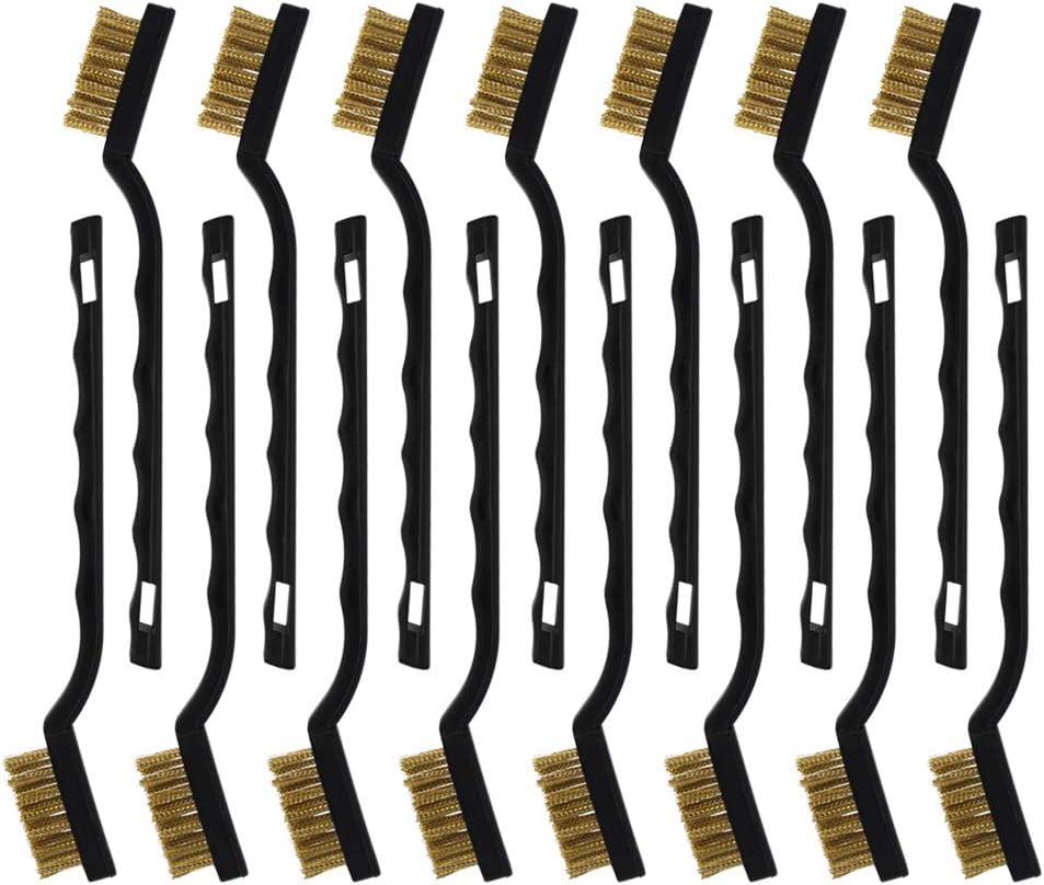 Topbuti 15 Pcs Mini Brass Wire Brush Set for Cleaning Welding Slag Rust, Wire Bristle Scratch Brush Set, Curved Handle Brushes (Brass)