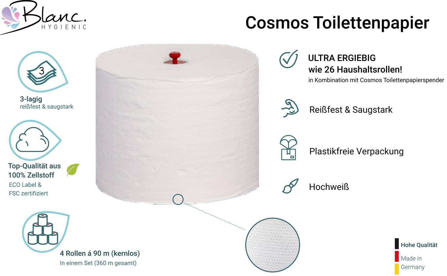 Set Cosmos Doppelrollenspender+360 m Toilettenpapier Schwarz | 360 m Long-Life Toilettenpapier, 3-lagig, entspricht ca. 26 Haushaltsrollen
