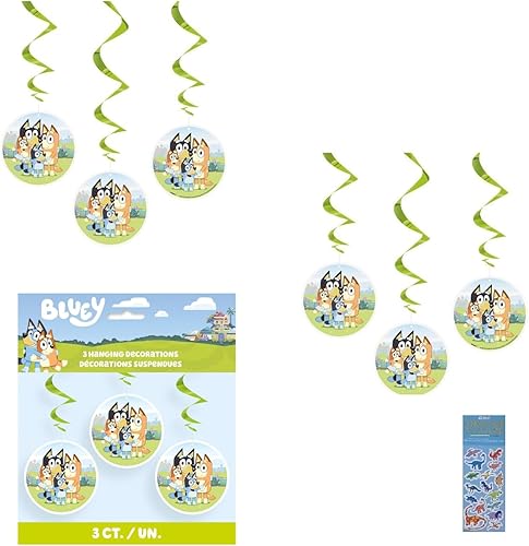 Bluey - Paquete de suministros para fiesta de cumpleaños que incluye decoración de remolino colgante, 6 unidades con 1 hoja de calcomanías de