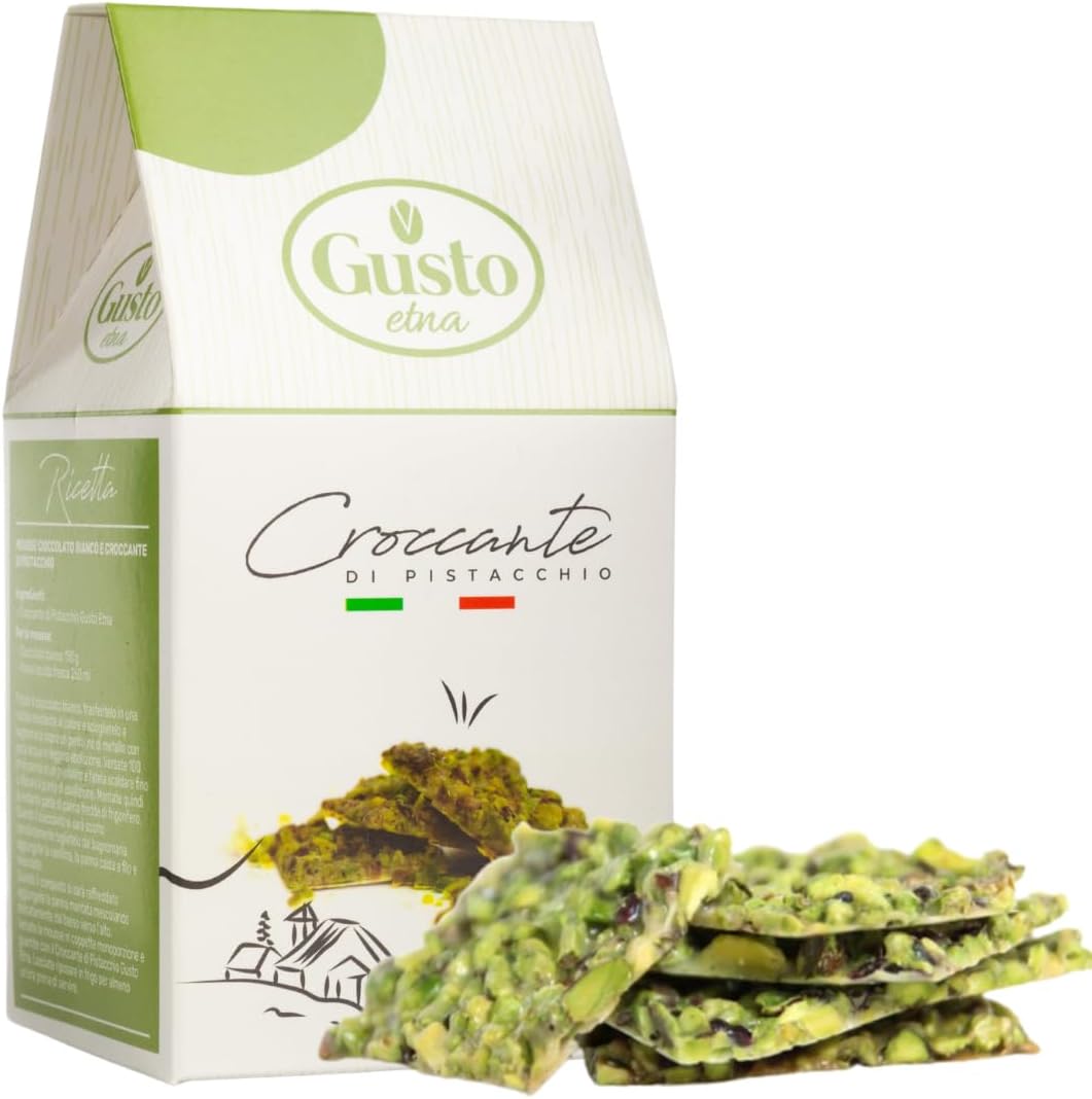 GUSTO ETNA Pistachio Brittle, Sweet Pistachios Butter Chews with Pistachio crumbles, Bite Size, Individually Wrapped, 6.7 oz (190 g) Bark, Non GMO, Product of Italy
