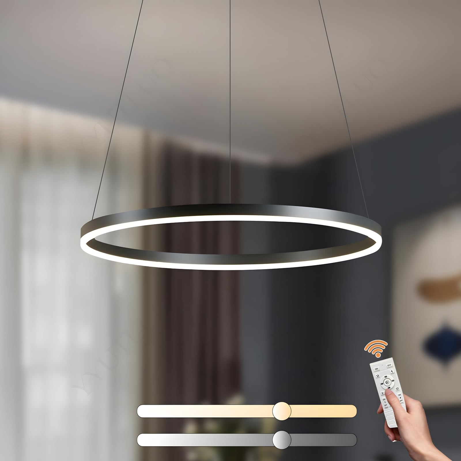 YYUTLUO Lámpara LED DIY Circular Moderna | 1 Negra Anillos :60cm=29W| Iluminación Colgante LED Metal+Acrílico, Control Remoto Regulable 2.4G Lámpara Colgante Techo Redonda Sala Estar Dormitorio