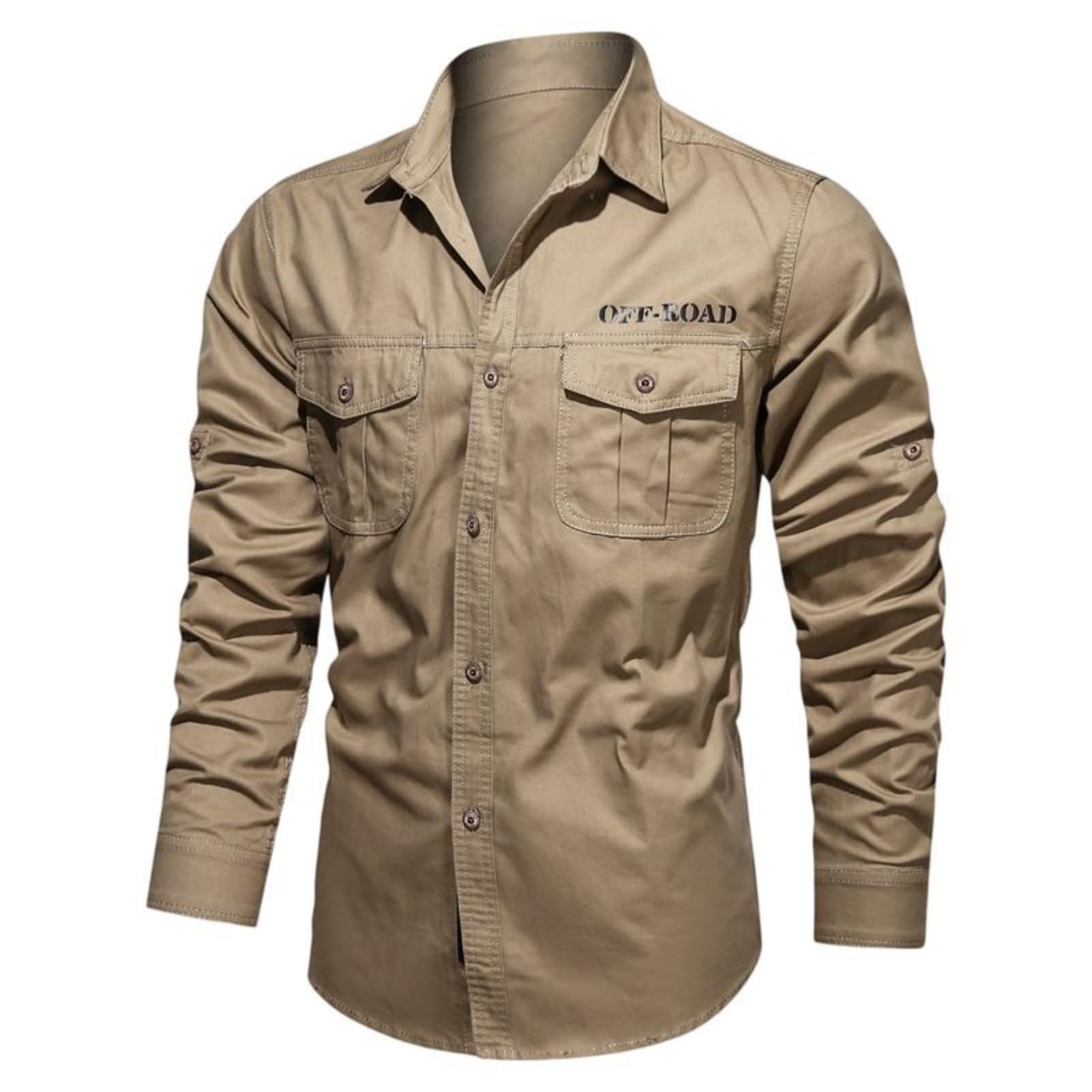 Camisa de trabajo de algodón para hombre, color liso, manga larga, cuello alto, ajuste regular